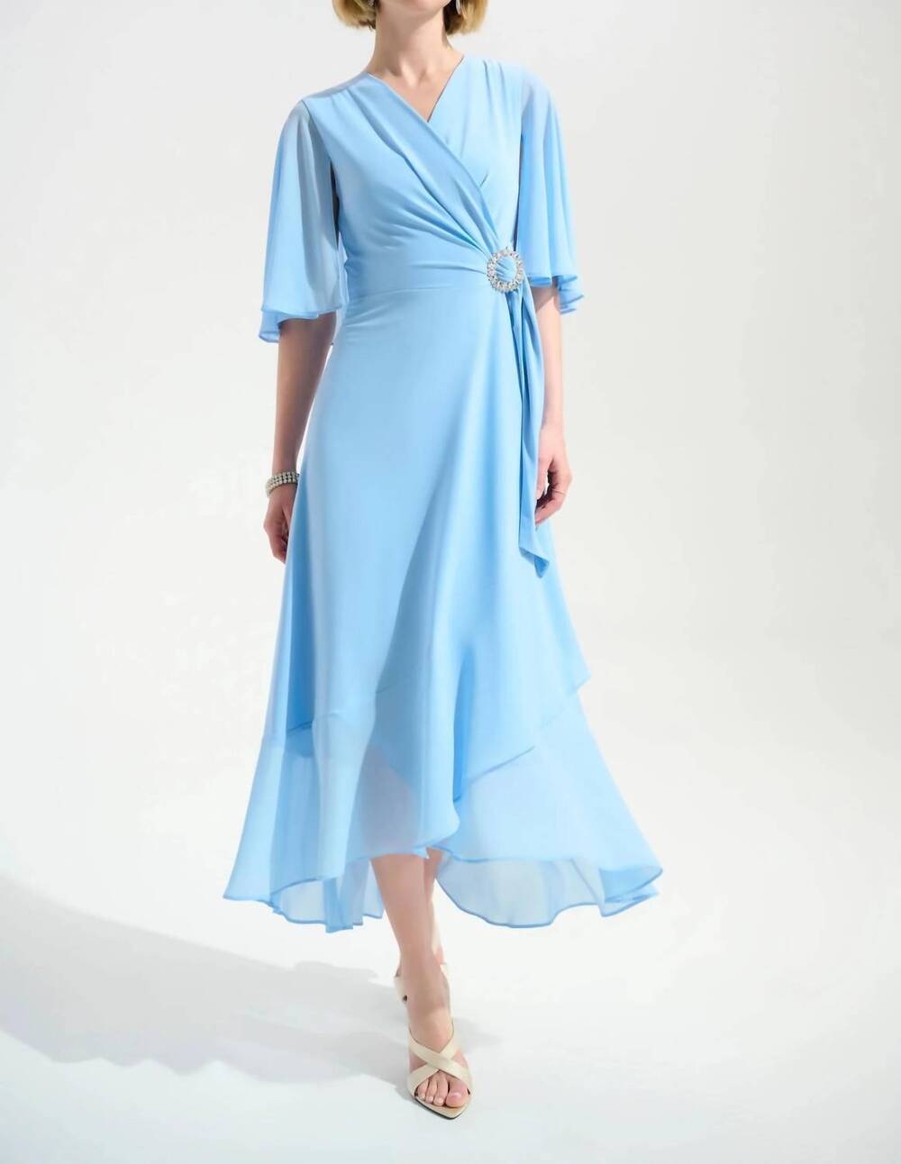 NEW JOSEPH RIBKOFF cape sleeves high low wrap dress in sky blue